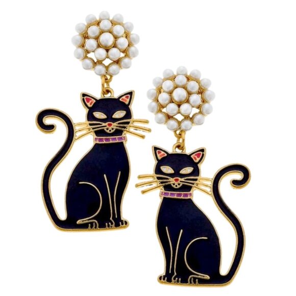 CANVAS Black Cat Dangle Drop Earrings Gold Tone Faux Pearl Studs NWT - Picture 1 of 6